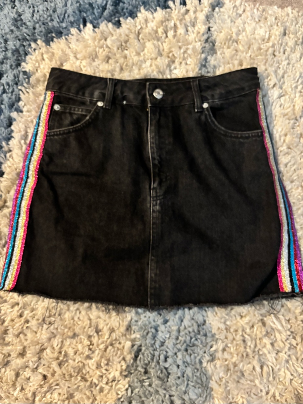 Topshop Black Denim Mini Skirt with Multicolor Side Stripes